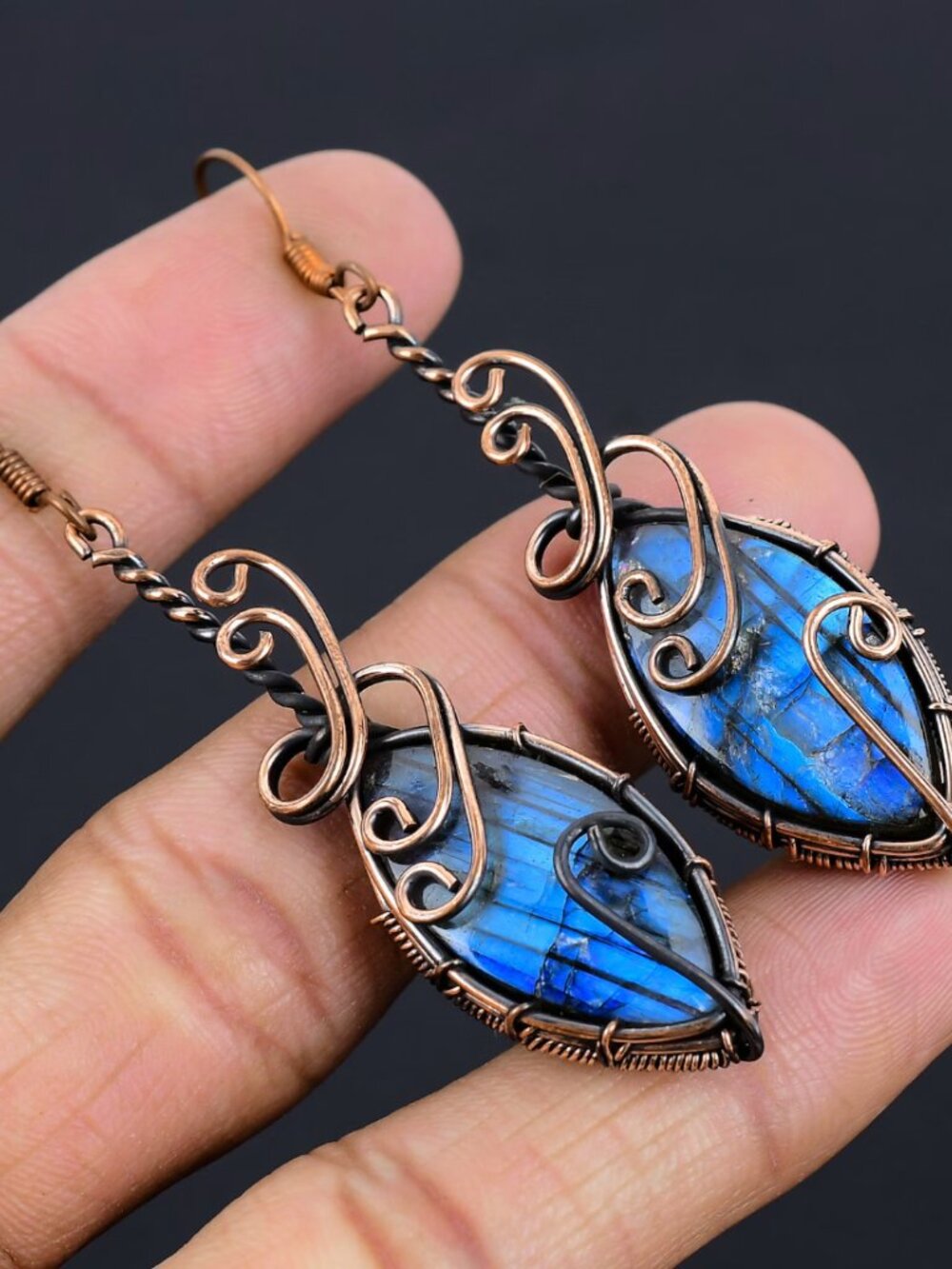 Dark Blue Copper Wire Wrapped Earrings